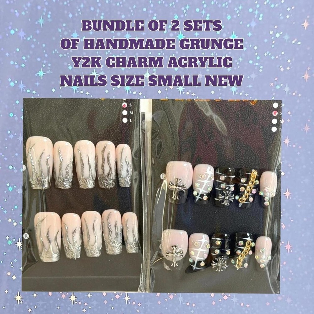 Bundle of two handmade grunge Goth Y2K acrylic fake nails sets small